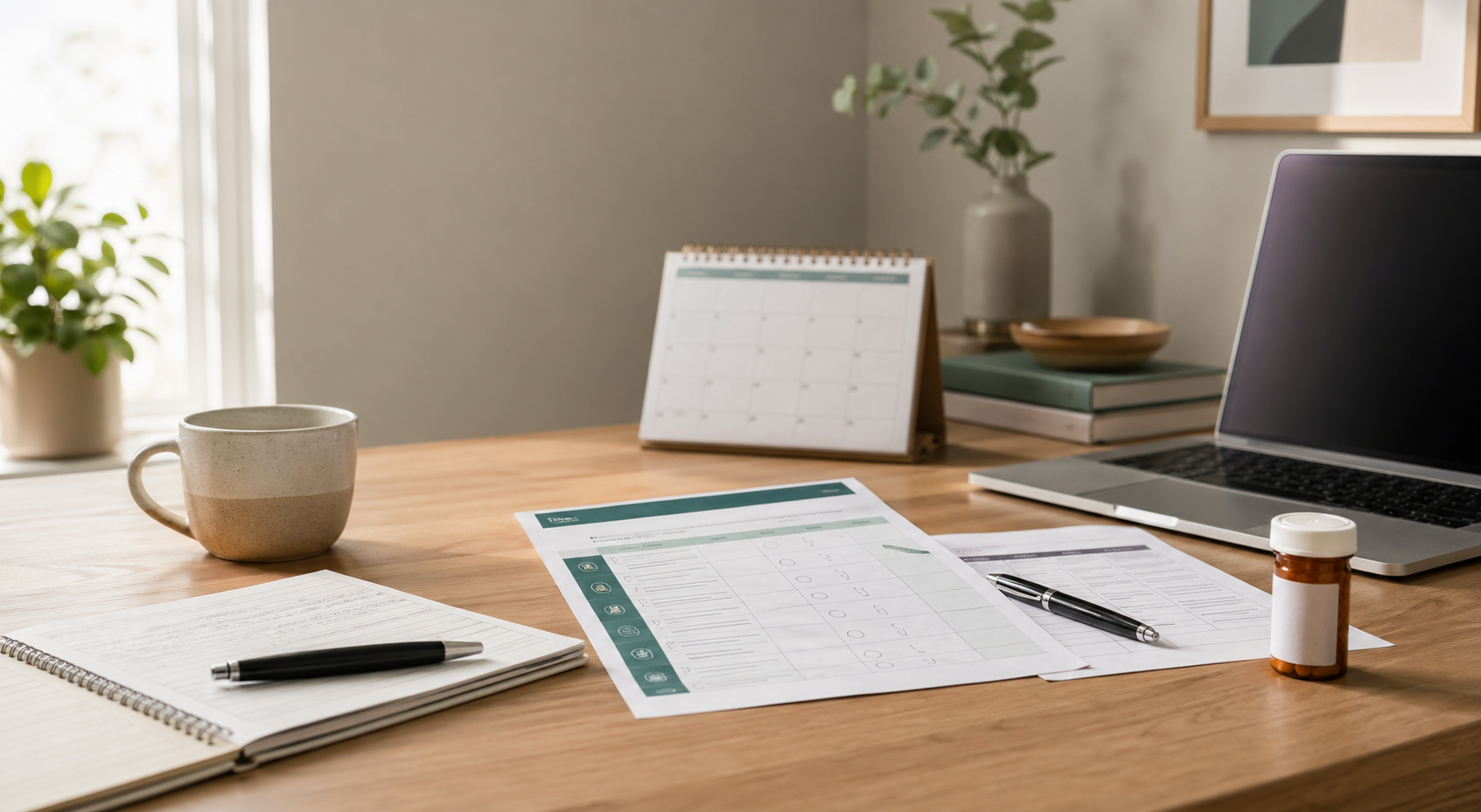 Desk with treatment planning papers and medication bottle